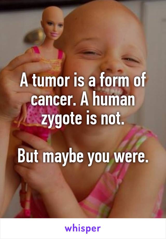 A tumor is a form of cancer. A human zygote is not.

But maybe you were.