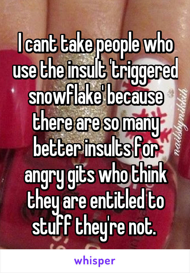 I cant take people who use the insult 'triggered snowflake' because there are so many better insults for angry gits who think they are entitled to stuff they're not. 