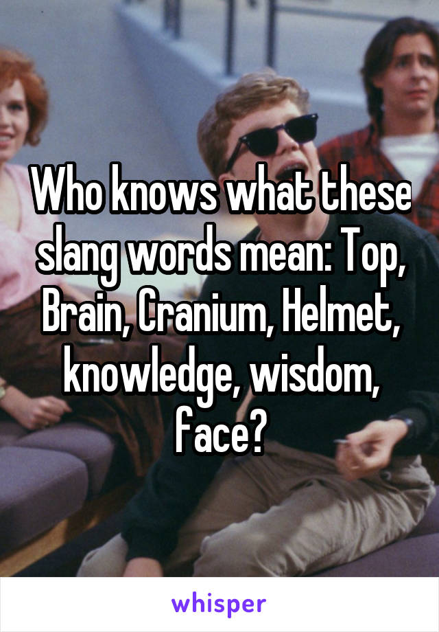 Who knows what these slang words mean: Top, Brain, Cranium, Helmet, knowledge, wisdom, face?