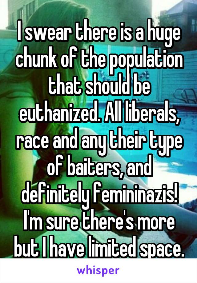 I swear there is a huge chunk of the population that should be euthanized. All liberals, race and any their type of baiters, and definitely femininazis! I'm sure there's more but I have limited space.