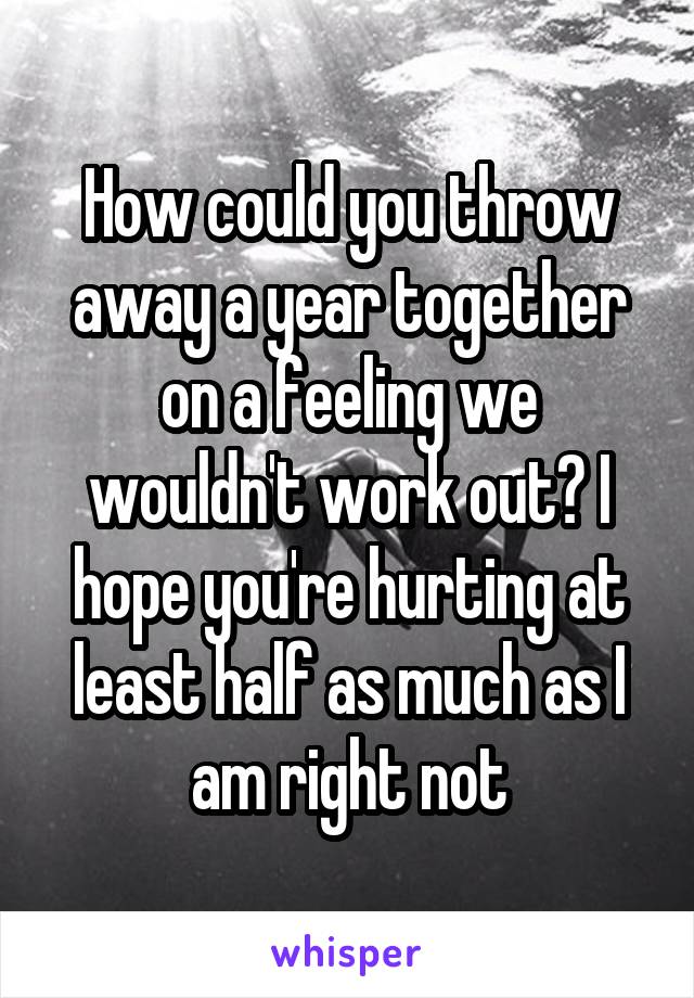 How could you throw away a year together on a feeling we wouldn't work out? I hope you're hurting at least half as much as I am right not