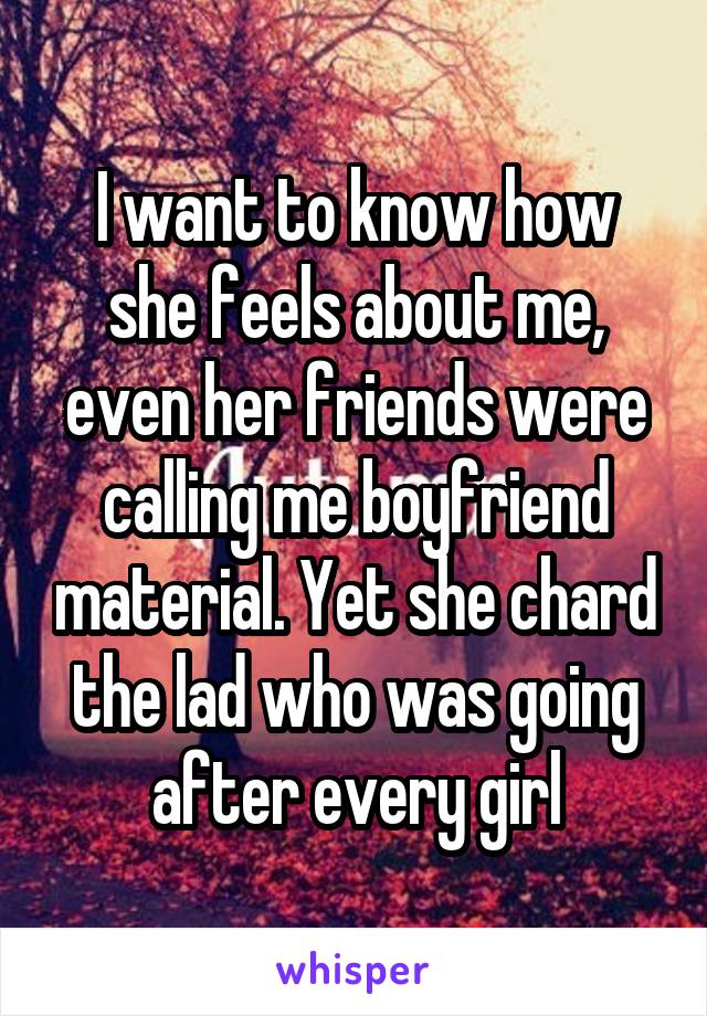 I want to know how she feels about me, even her friends were calling me boyfriend material. Yet she chard the lad who was going after every girl