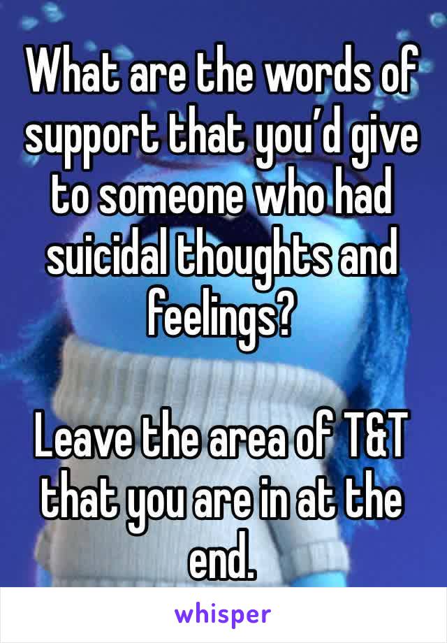 What are the words of support that you’d give to someone who had suicidal thoughts and feelings?

Leave the area of T&T that you are in at the end.