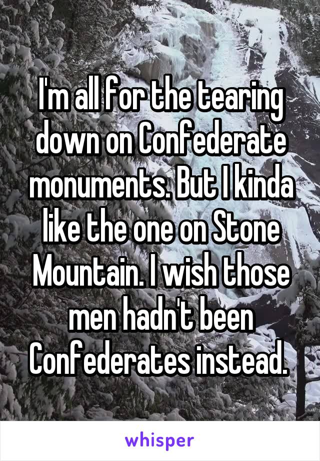 I'm all for the tearing down on Confederate monuments. But I kinda like the one on Stone Mountain. I wish those men hadn't been Confederates instead. 