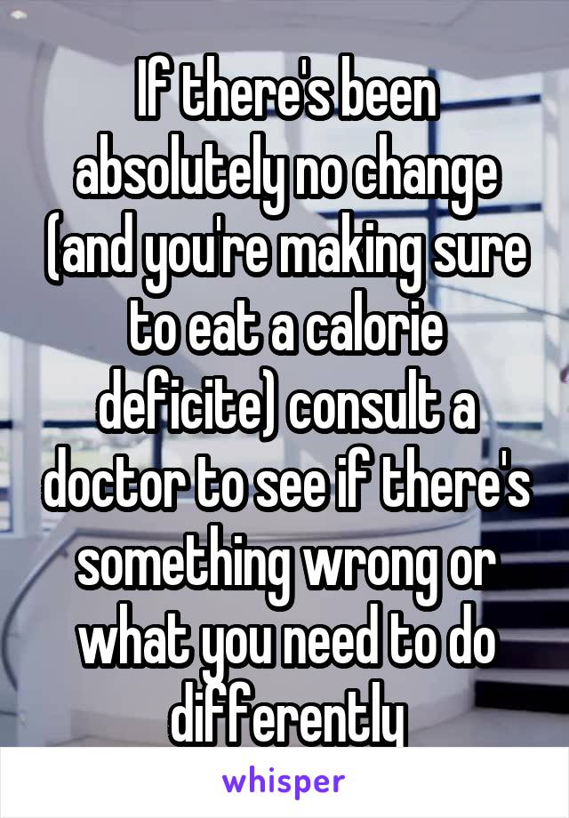 If there's been absolutely no change (and you're making sure to eat a calorie deficite) consult a doctor to see if there's something wrong or what you need to do differently