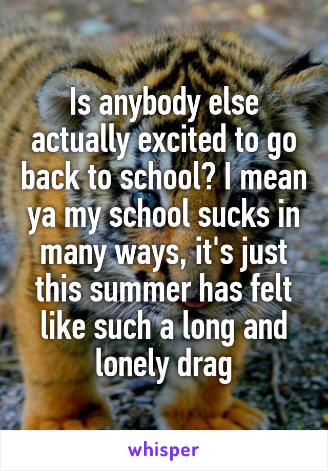 Is anybody else actually excited to go back to school? I mean ya my school sucks in many ways, it's just this summer has felt like such a long and lonely drag