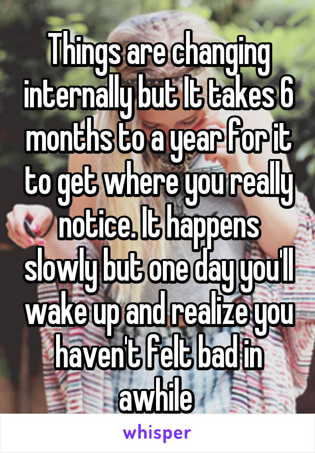 Things are changing internally but It takes 6 months to a year for it to get where you really notice. It happens slowly but one day you'll wake up and realize you haven't felt bad in awhile 