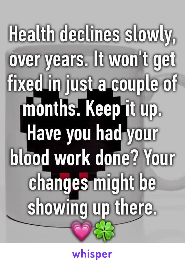 Health declines slowly, over years. It won't get fixed in just a couple of months. Keep it up. Have you had your blood work done? Your changes might be showing up there. 
💗🍀