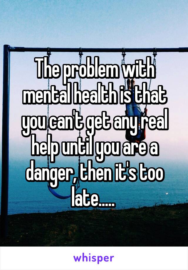 The problem with mental health is that you can't get any real help until you are a danger, then it's too late..... 