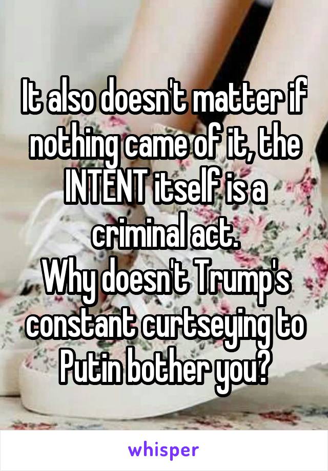 It also doesn't matter if nothing came of it, the INTENT itself is a criminal act.
Why doesn't Trump's constant curtseying to Putin bother you?