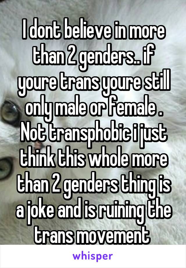 I dont believe in more than 2 genders.. if youre trans youre still only male or female . Not transphobic i just think this whole more than 2 genders thing is a joke and is ruining the trans movement 