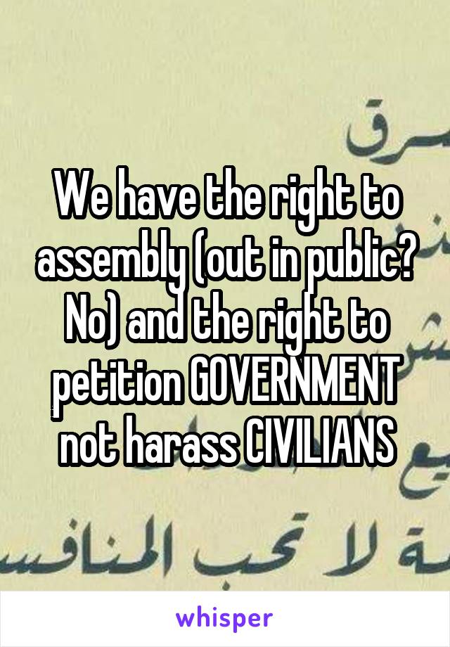 We have the right to assembly (out in public? No) and the right to petition GOVERNMENT not harass CIVILIANS