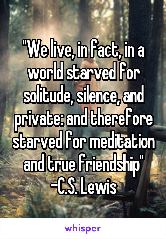 "We live, in fact, in a world starved for solitude, silence, and private: and therefore starved for meditation and true friendship"
-C.S. Lewis