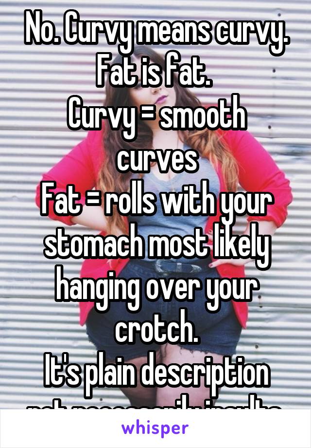 No. Curvy means curvy. Fat is fat. 
Curvy = smooth curves
Fat = rolls with your stomach most likely hanging over your crotch.
It's plain description not necessarily insults.