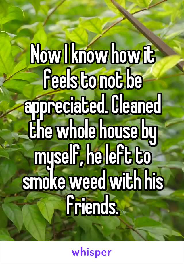 Now I know how it feels to not be appreciated. Cleaned the whole house by myself, he left to smoke weed with his friends.