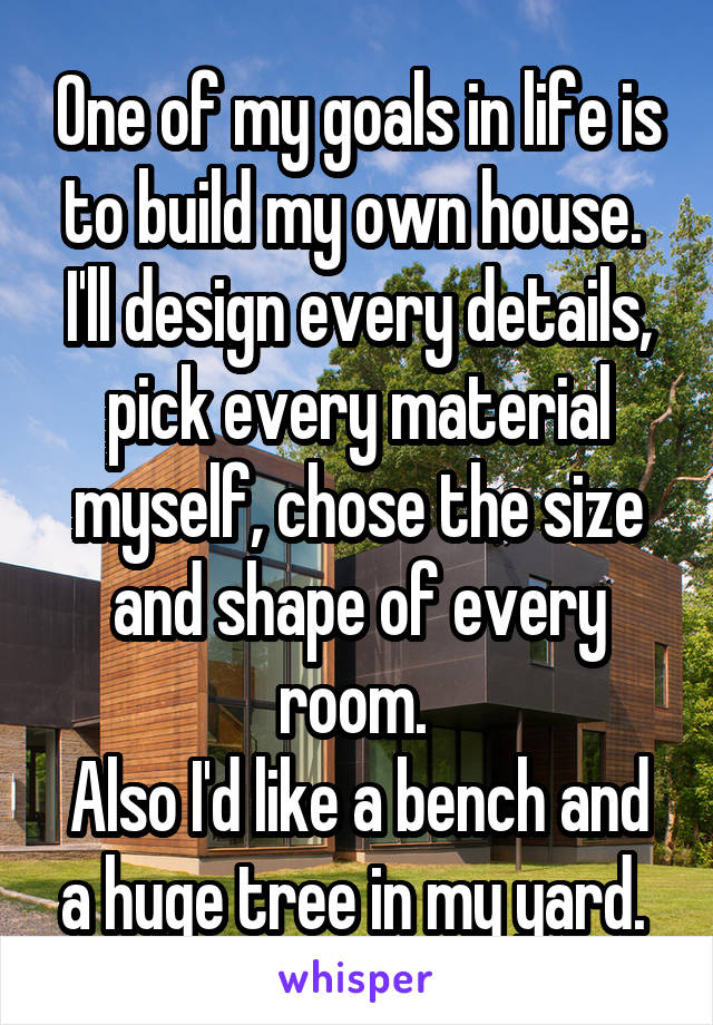 One of my goals in life is to build my own house.  I'll design every details, pick every material myself, chose the size and shape of every room. 
Also I'd like a bench and a huge tree in my yard. 