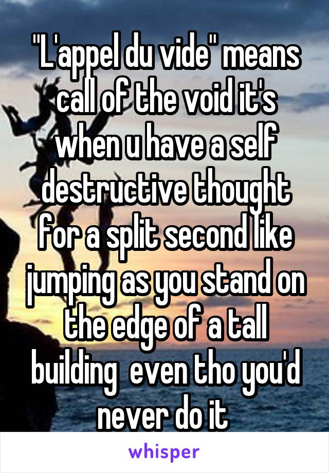 "L'appel du vide" means call of the void it's when u have a self destructive thought for a split second like jumping as you stand on the edge of a tall building  even tho you'd never do it 