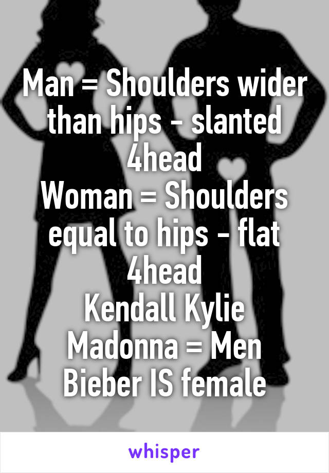 Man = Shoulders wider than hips - slanted 4head
Woman = Shoulders equal to hips - flat 4head
Kendall Kylie Madonna = Men
Bieber IS female