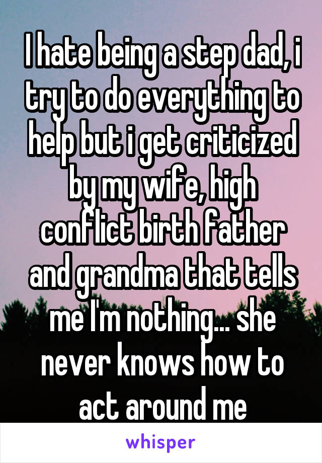 I hate being a step dad, i try to do everything to help but i get criticized by my wife, high conflict birth father and grandma that tells me I'm nothing... she never knows how to act around me