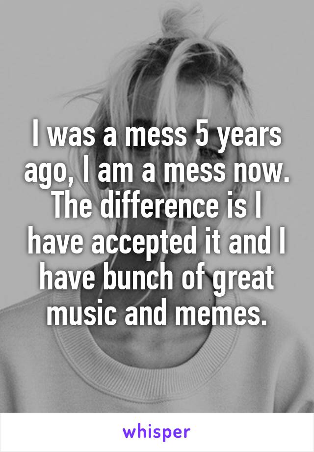 I was a mess 5 years ago, I am a mess now.
The difference is I have accepted it and I have bunch of great music and memes.