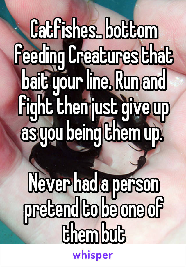 Catfishes.. bottom feeding Creatures that bait your line. Run and fight then just give up as you being them up. 

Never had a person pretend to be one of them but