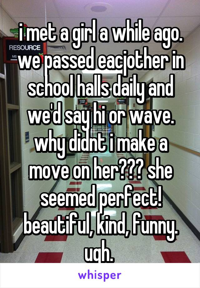 i met a girl a while ago. we passed eacjother in school halls daily and we'd say hi or wave. why didnt i make a move on her??? she seemed perfect! beautiful, kind, funny. ugh. 