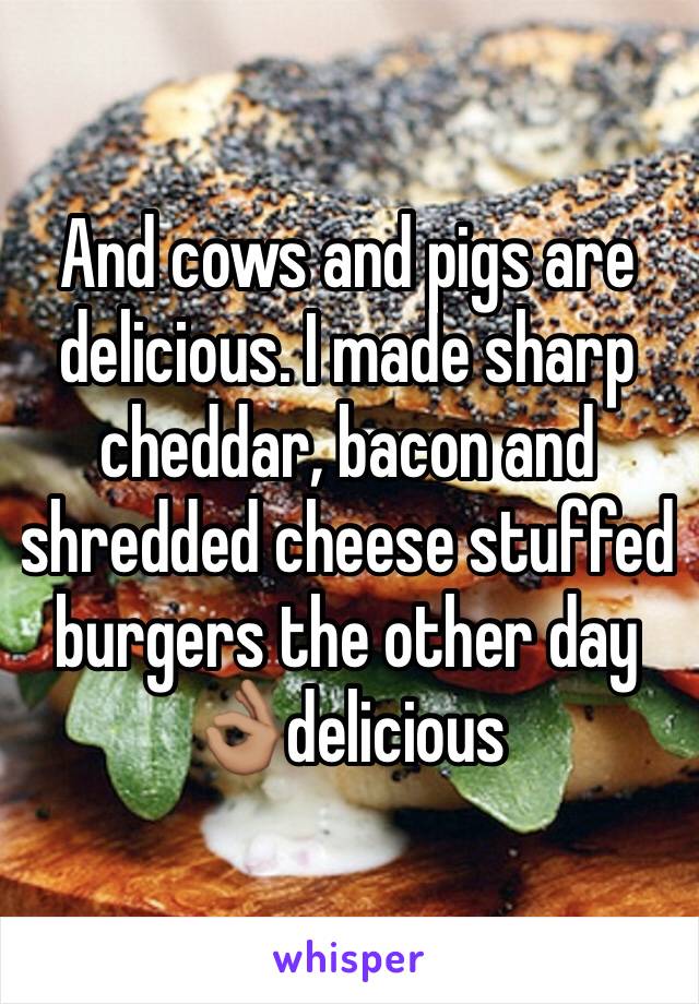 And cows and pigs are delicious. I made sharp cheddar, bacon and shredded cheese stuffed burgers the other day 👌🏽delicious