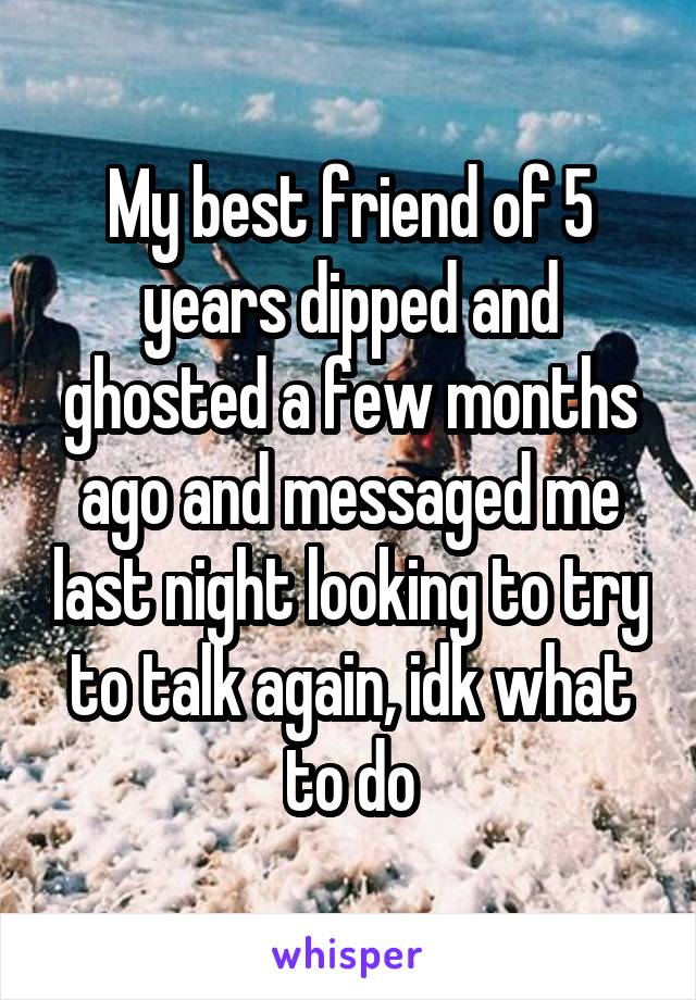 My best friend of 5 years dipped and ghosted a few months ago and messaged me last night looking to try to talk again, idk what to do