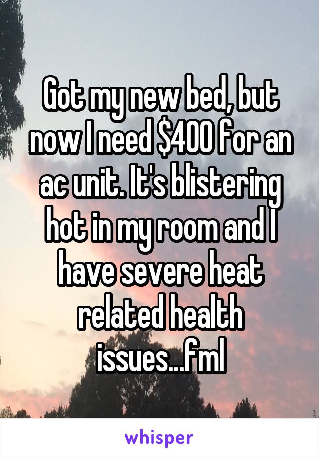 Got my new bed, but now I need $400 for an ac unit. It's blistering hot in my room and I have severe heat related health issues...fml