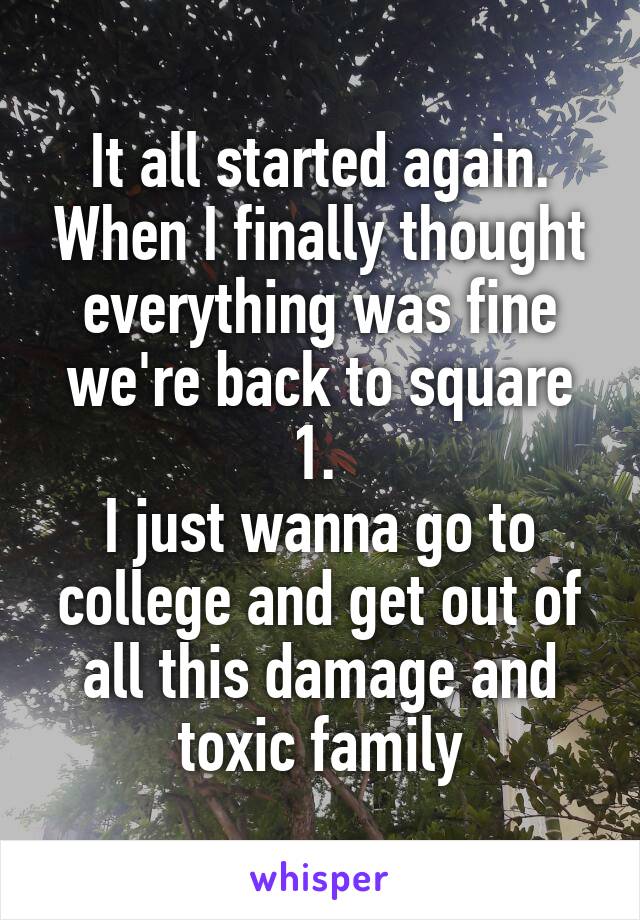 It all started again. When I finally thought everything was fine we're back to square 1. 
I just wanna go to college and get out of all this damage and toxic family