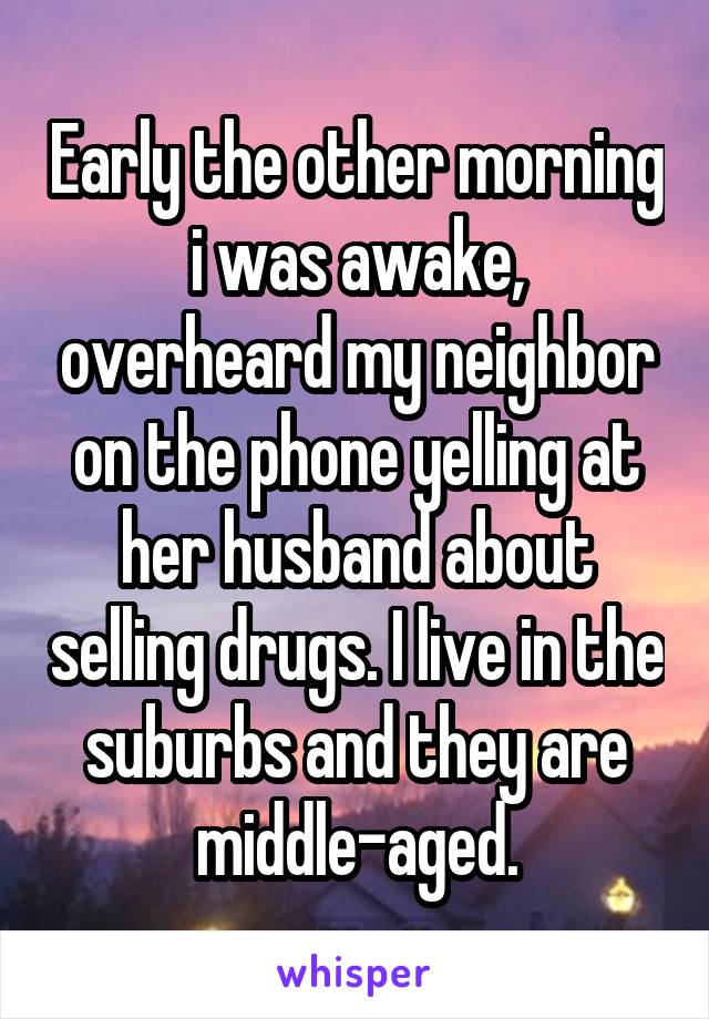 Early the other morning i was awake, overheard my neighbor on the phone yelling at her husband about selling drugs. I live in the suburbs and they are middle-aged.