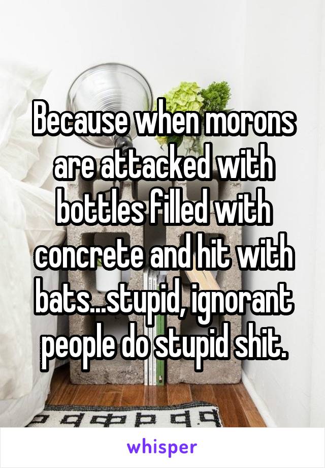 Because when morons are attacked with bottles filled with concrete and hit with bats...stupid, ignorant people do stupid shit.