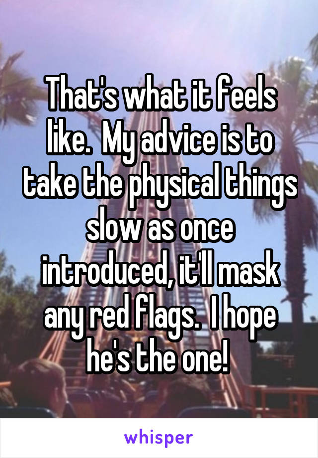 That's what it feels like.  My advice is to take the physical things slow as once introduced, it'll mask any red flags.  I hope he's the one! 