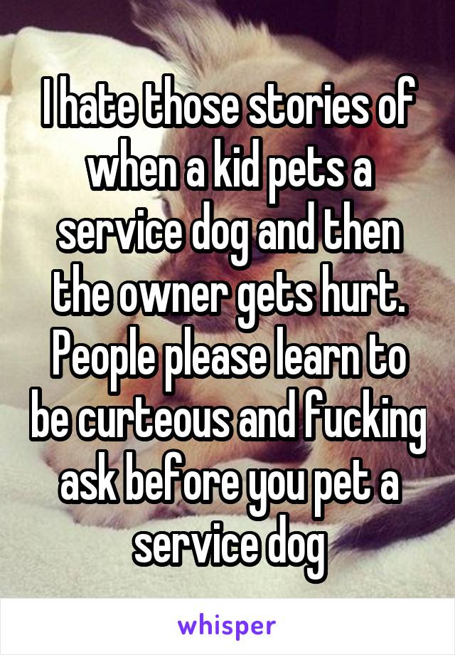 I hate those stories of when a kid pets a service dog and then the owner gets hurt. People please learn to be curteous and fucking ask before you pet a service dog