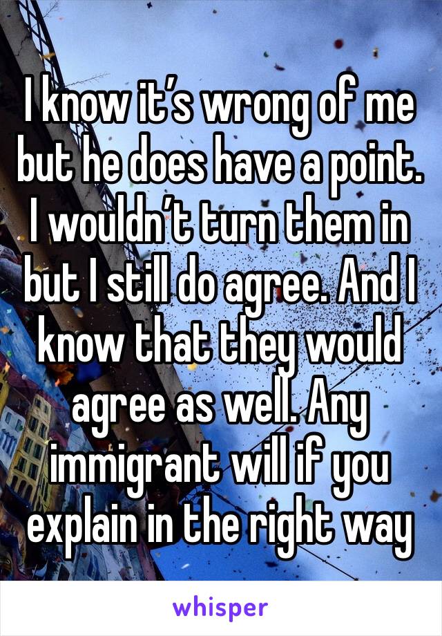 I know it’s wrong of me but he does have a point. I wouldn’t turn them in but I still do agree. And I know that they would agree as well. Any immigrant will if you explain in the right way