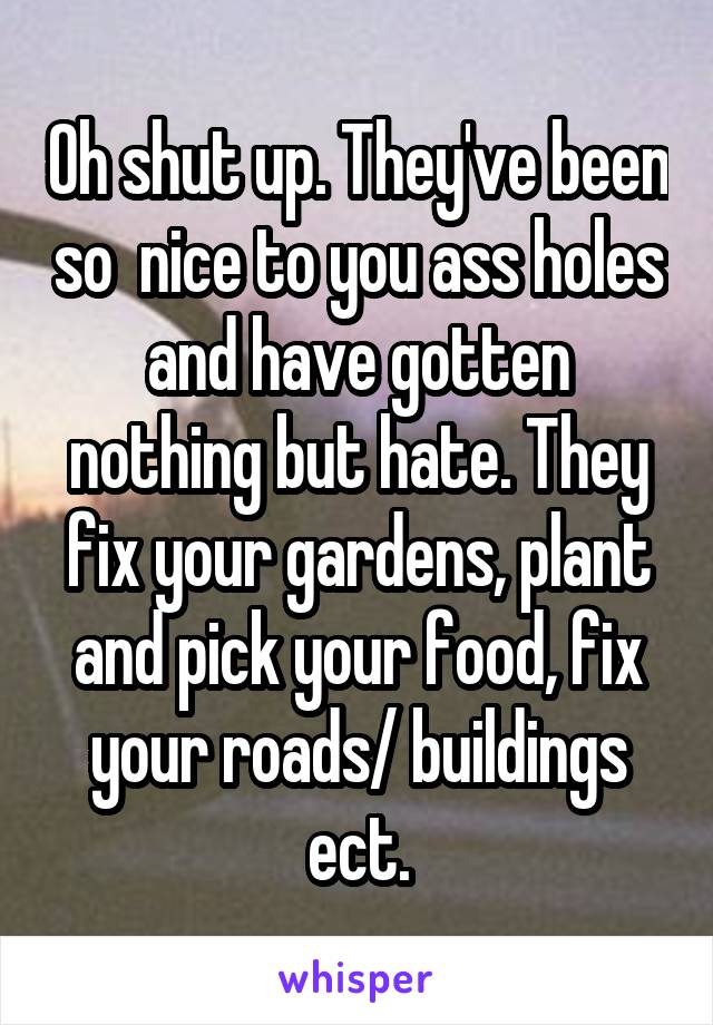 Oh shut up. They've been so  nice to you ass holes and have gotten nothing but hate. They fix your gardens, plant and pick your food, fix your roads/ buildings ect.