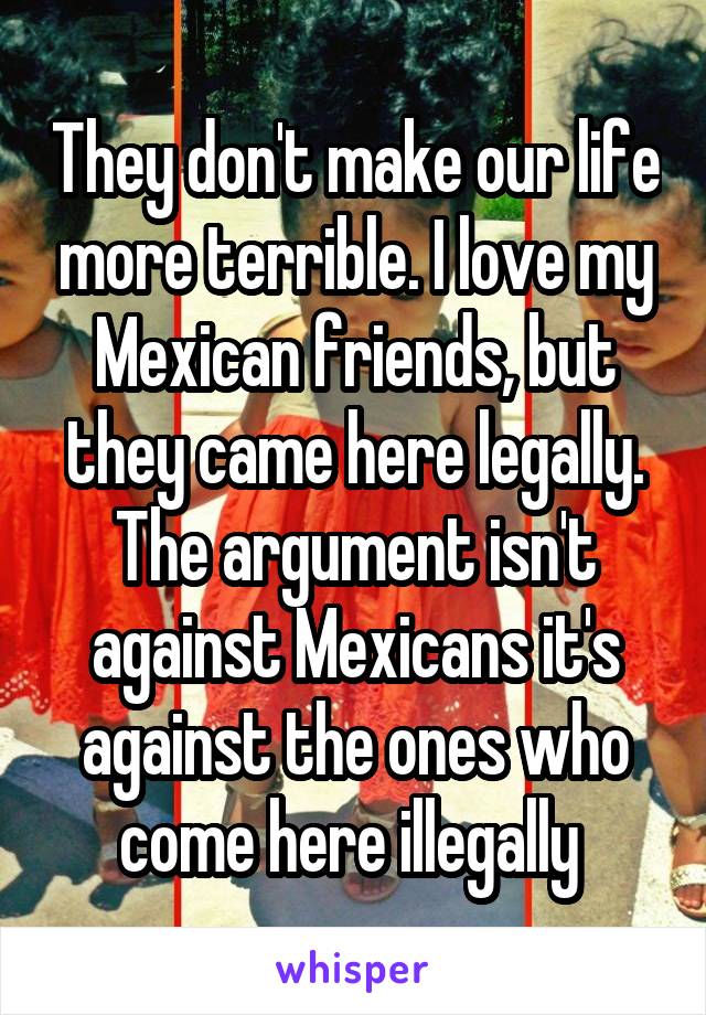 They don't make our life more terrible. I love my Mexican friends, but they came here legally. The argument isn't against Mexicans it's against the ones who come here illegally 