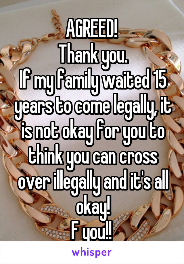 AGREED! 
Thank you.
If my family waited 15 years to come legally, it is not okay for you to think you can cross over illegally and it's all okay!
F you!! 