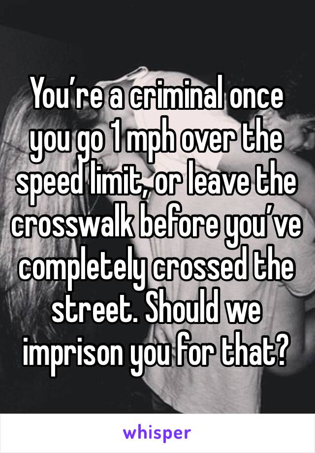 You’re a criminal once you go 1 mph over the speed limit, or leave the crosswalk before you’ve completely crossed the street. Should we imprison you for that?