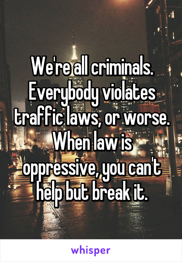 We're all criminals. Everybody violates traffic laws, or worse. When law is oppressive, you can't help but break it.