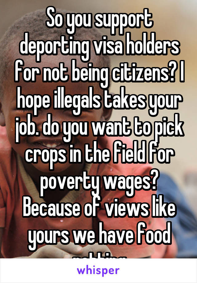 So you support deporting visa holders for not being citizens? I hope illegals takes your job. do you want to pick crops in the field for poverty wages? Because of views like yours we have food rotting