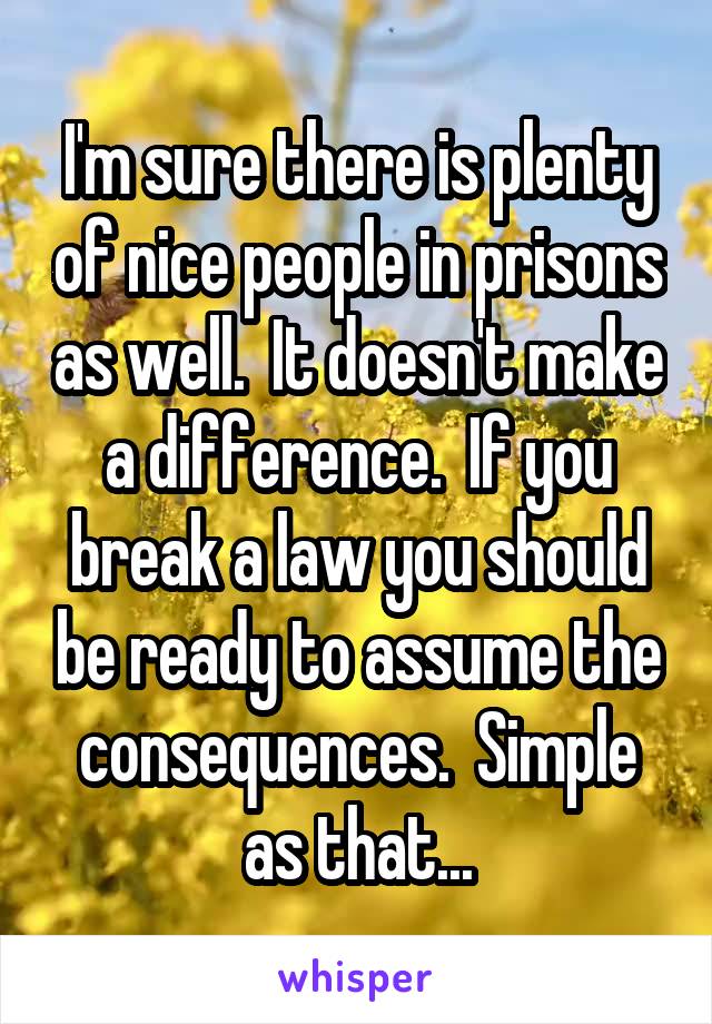 I'm sure there is plenty of nice people in prisons as well.  It doesn't make a difference.  If you break a law you should be ready to assume the consequences.  Simple as that...