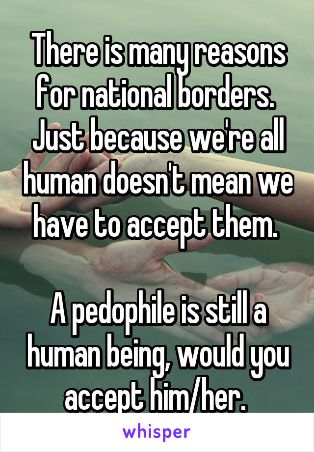 There is many reasons for national borders. 
Just because we're all human doesn't mean we have to accept them. 

A pedophile is still a human being, would you accept him/her. 