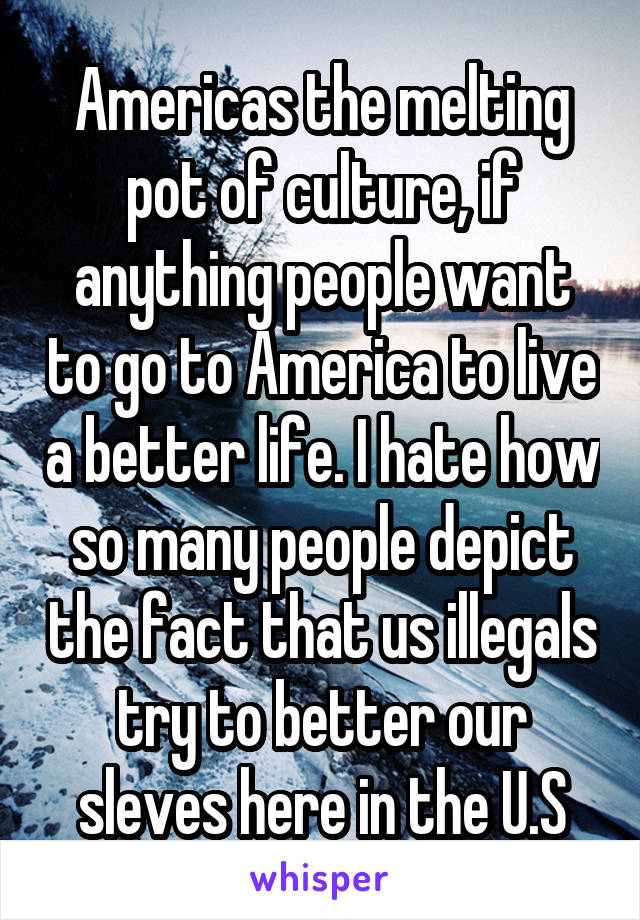 Americas the melting pot of culture, if anything people want to go to America to live a better life. I hate how so many people depict the fact that us illegals try to better our sleves here in the U.S