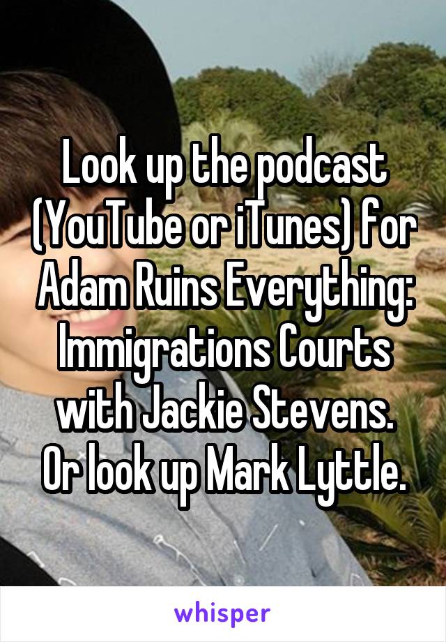 Look up the podcast (YouTube or iTunes) for Adam Ruins Everything: Immigrations Courts with Jackie Stevens.
Or look up Mark Lyttle.