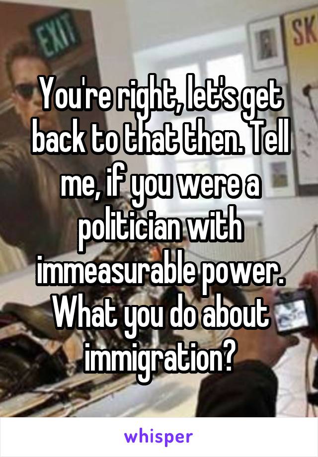 You're right, let's get back to that then. Tell me, if you were a politician with immeasurable power. What you do about immigration?