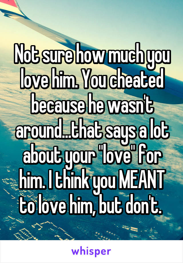 Not sure how much you love him. You cheated because he wasn't around...that says a lot about your "love" for him. I think you MEANT to love him, but don't. 
