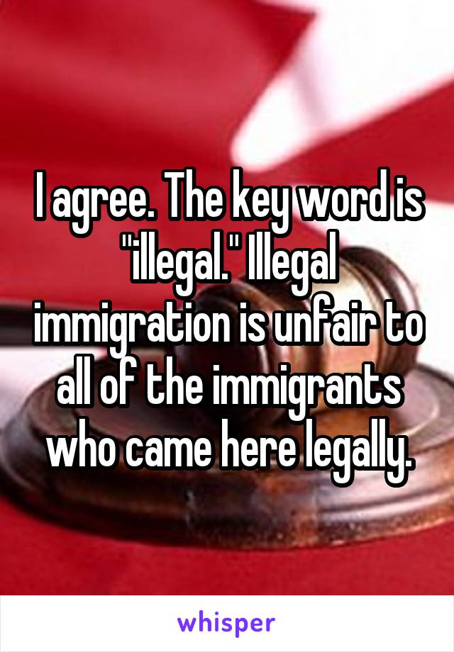 I agree. The key word is "illegal." Illegal immigration is unfair to all of the immigrants who came here legally.