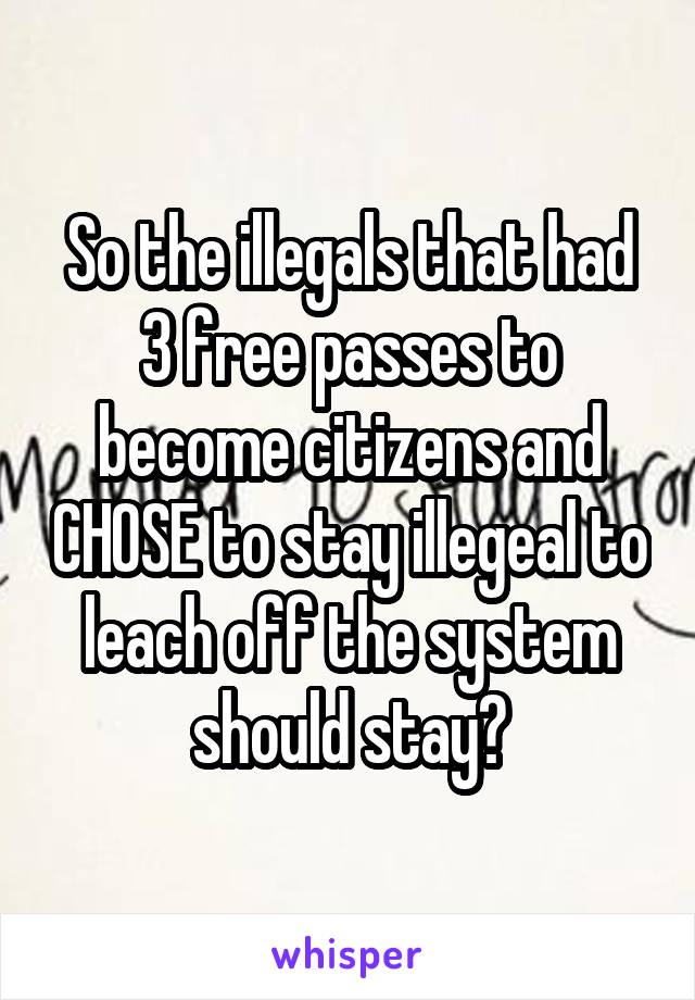 So the illegals that had 3 free passes to become citizens and CHOSE to stay illegeal to leach off the system should stay?