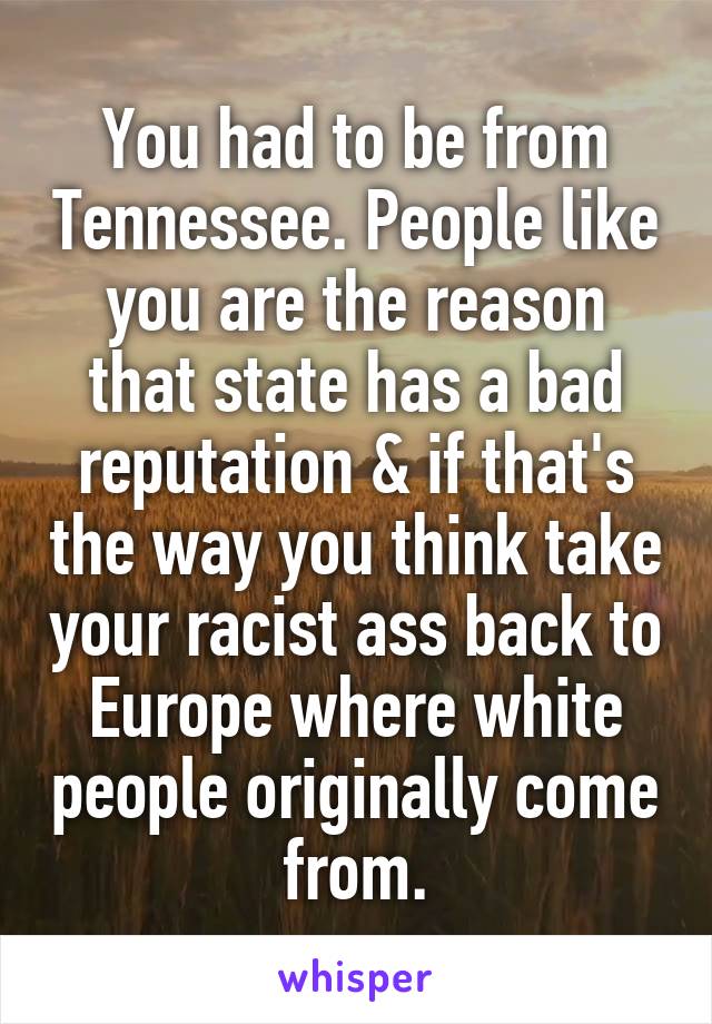 You had to be from Tennessee. People like you are the reason that state has a bad reputation & if that's the way you think take your racist ass back to Europe where white people originally come from.